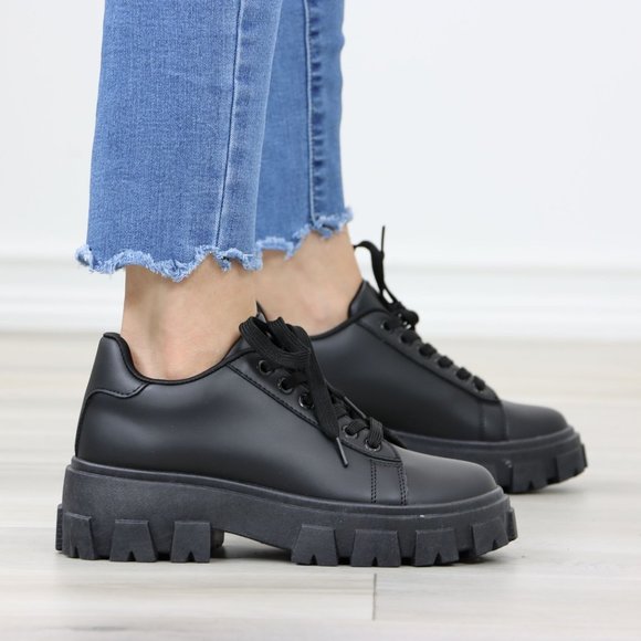 Black Chunky Lace-Up Lug Sole Oxford  Platform Women's Shoes - Picture 4 of 12